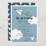 Up Up & Away Paper Plane Blue Boy Baby Shower Invitation