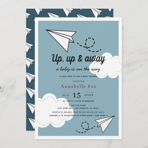 Up Up  Away Paper Plane Blue Boy Baby Shower Invitation