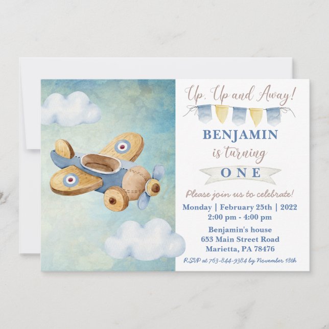 Up Up & Away Vintage Airplane Birthday Invite (Front)
