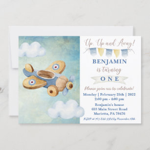 Up Up & Away Vintage Airplane Birthday Invite