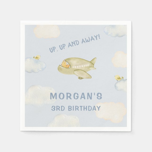 Up Up Away Watercolor Plane Squirrel Birthday Napkins (Front)