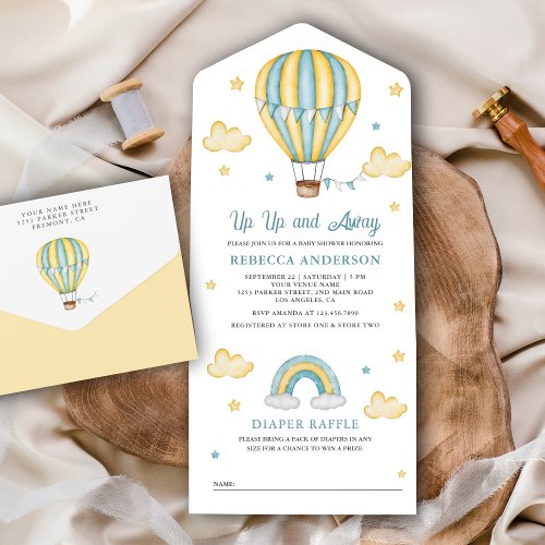 Up Up Away Yellow Blue Hot Air Balloon Baby Shower All In One Invitation