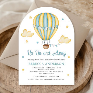 Up Up Away Yellow Blue Hot Air Balloon Baby Shower Invitation