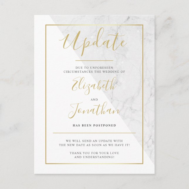 Update Announcement Chic Gold White Marble Wedding (Front)