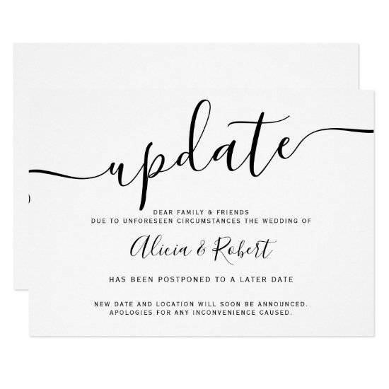 Update black white script postponed wedding invitation