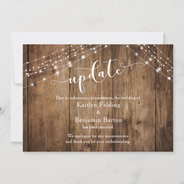 Update Canceled Wedding, Rustic Wood & Lights Card (Front)