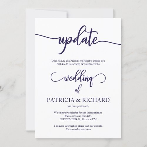 Update Postponed Wedding Navy Blue Script Invitation