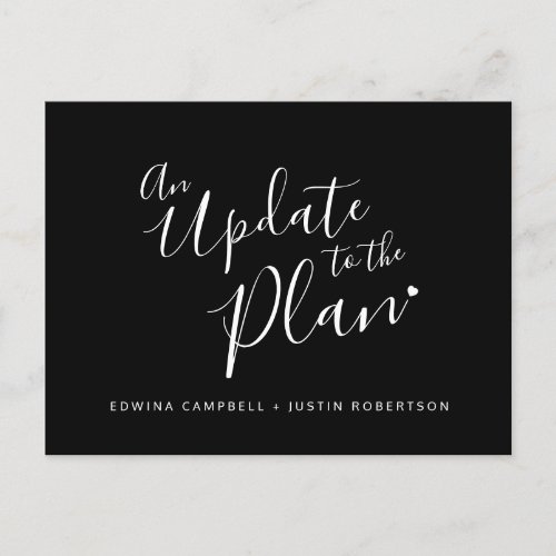 Update to plan black white heart wedding canceled announcement postcard