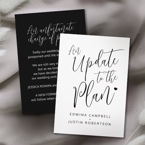 Update to plan black white heart wedding canceled enclosure card