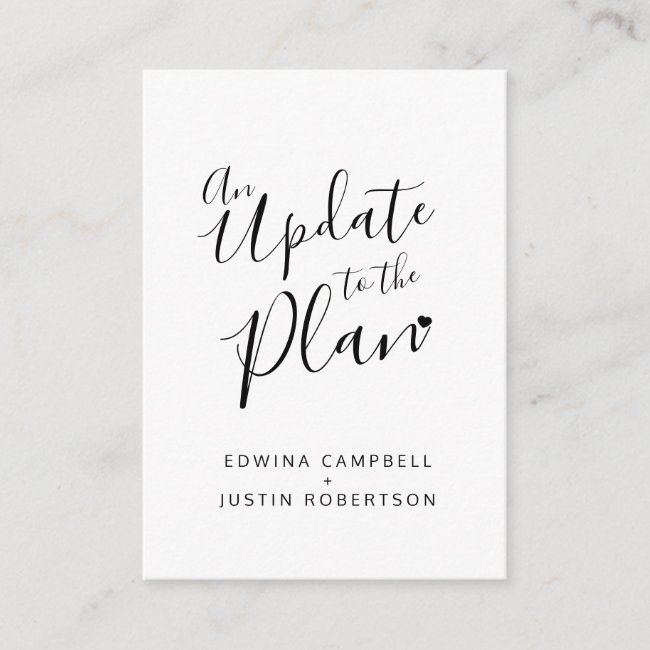 Update to plan black white heart wedding cancelled enclosure card