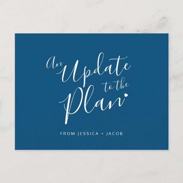 Update to plan blue white heart wedding canceled announcement postcard (Front)