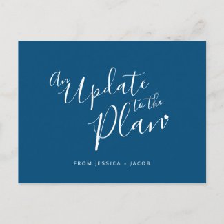 Update to plan blue white heart wedding cancelled announcement postcard