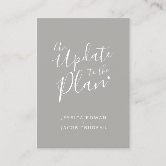 Update to plan gray white heart wedding canceled enclosure card (Front)