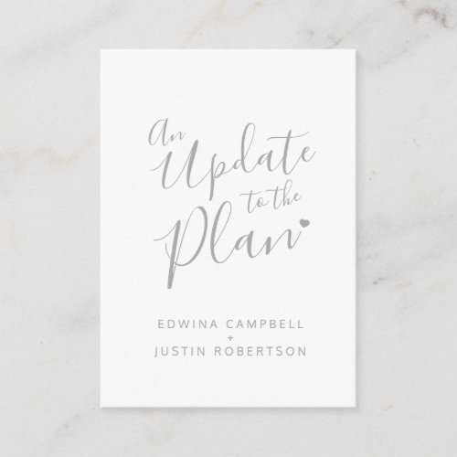 Update to plan gray white heart wedding cancelled enclosure card