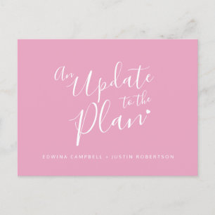 Update to plan pink white heart wedding cancelled announcement postcard