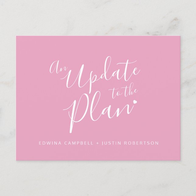 Update to plan pink white heart wedding cancelled announcement postcard (Front)