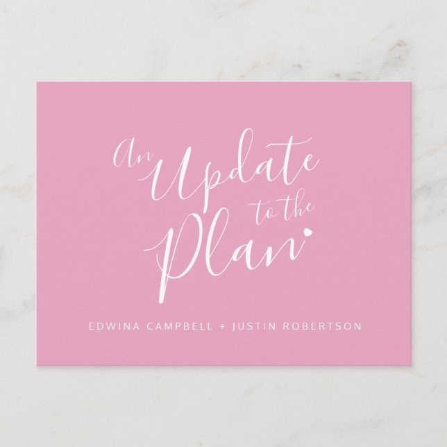 Update to plan pink white heart wedding cancelled announcement postcard (Front)