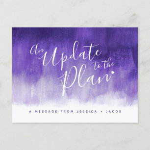 Update to plan purple wash heart wedding cancelled announcement postcard
