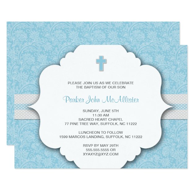 UPDATED Baptism Invites For Boys Blue Gray Damask