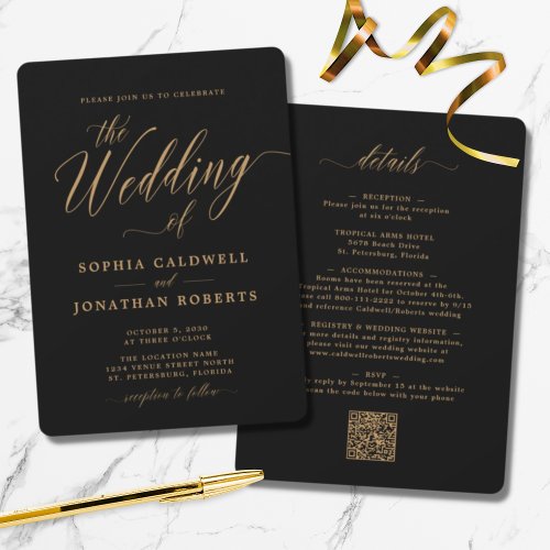 Updated Gold Calligraphy All in One Black Wedding Invitation