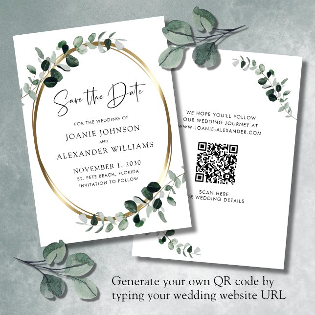 Updated QR Code Eucalyptus Greenery Gold Save The Date (Updated QR Code Wedding Save the Date Eucalyptus Gold Metallic White)