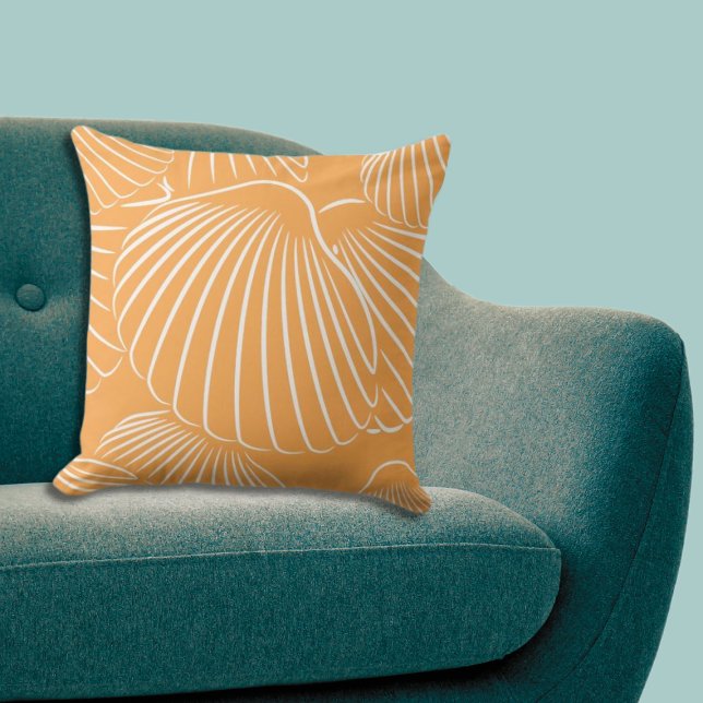 Uplifting Orange & White Shore Shell Pattern  Throw Pillow (Uplifting Orange & White Shore Shell Pattern Throw Pillow, Beach Living Room)