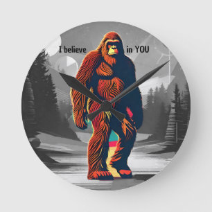 Uplifting Positive Cartoon Bigfoot Believes In You Round Clock