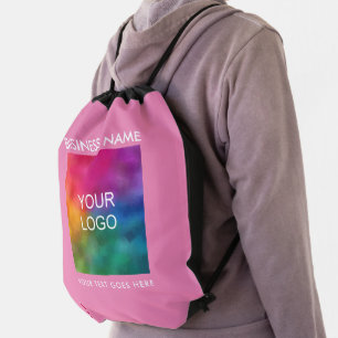 Upload Business Logo Add Text Customizable Pink Drawstring Bag