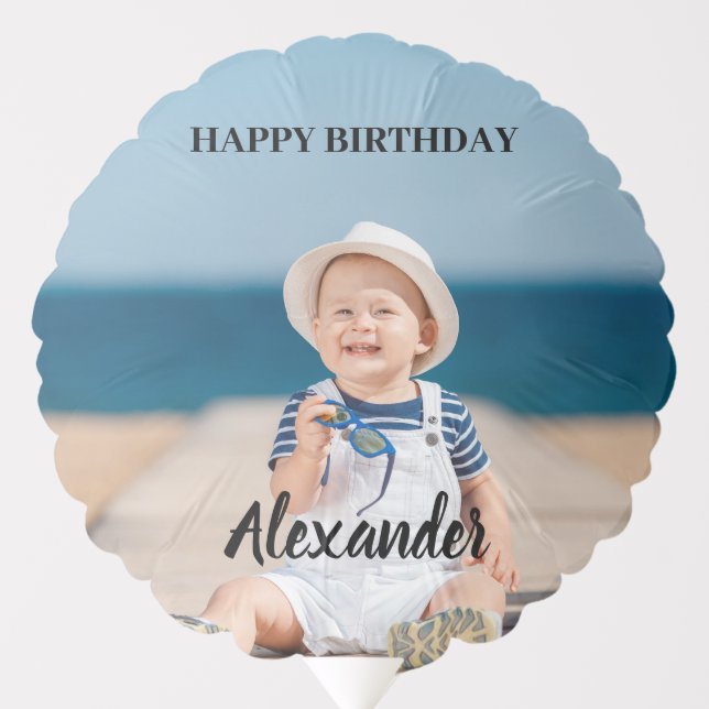 Upload Child Photo Custom Name with Happy Birthday Balloon (Front)