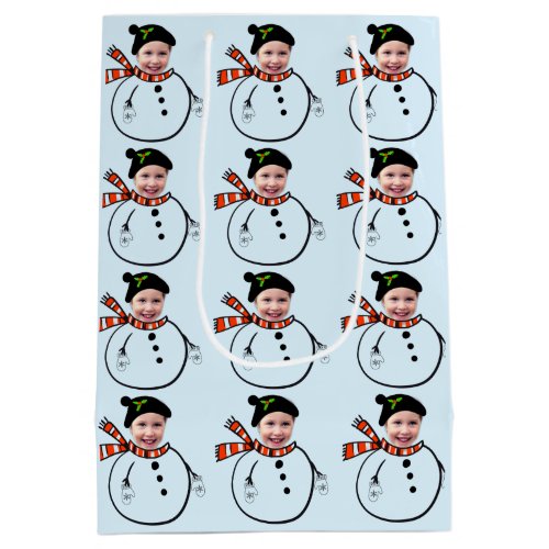 Upload Face Photo Cute Holiday Snowman Christmas Medium Gift Bag