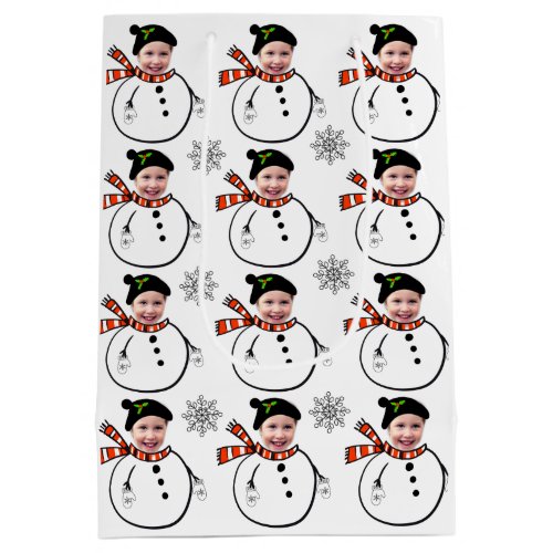 Upload Face Photo Cute Snowman and Snowflakes Medium Gift Bag