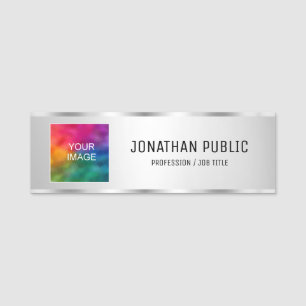 Upload Image or Logo Add Text Silver Look Template Name Tag
