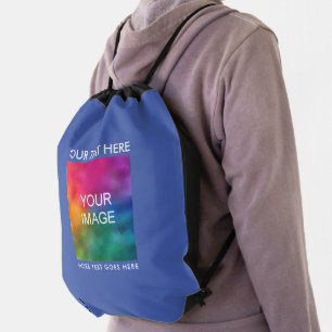 Upload Photo Add Text Changeable Template Blue Drawstring Bag