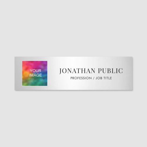 Upload Photo Company Logo Add Text Template Silver Name Tag