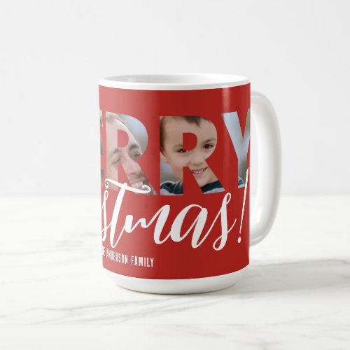 Upload Photo in Text Merry Christmas Red Coffee Mug
