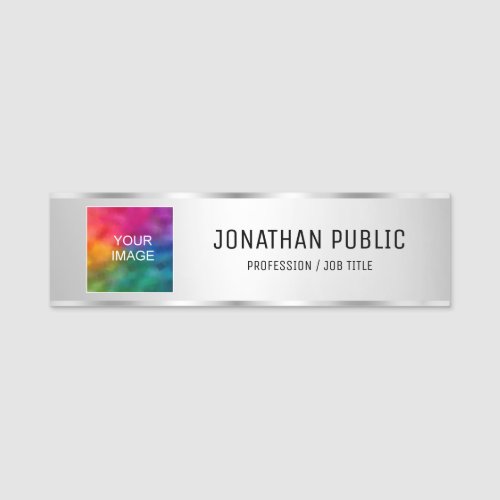 Upload Photo or Logo Add Text Faux Silver Template Name Tag