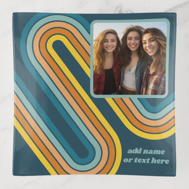 Upload Photo - Retro Stripes Sunset Colors - Text Trinket Tray (Front)