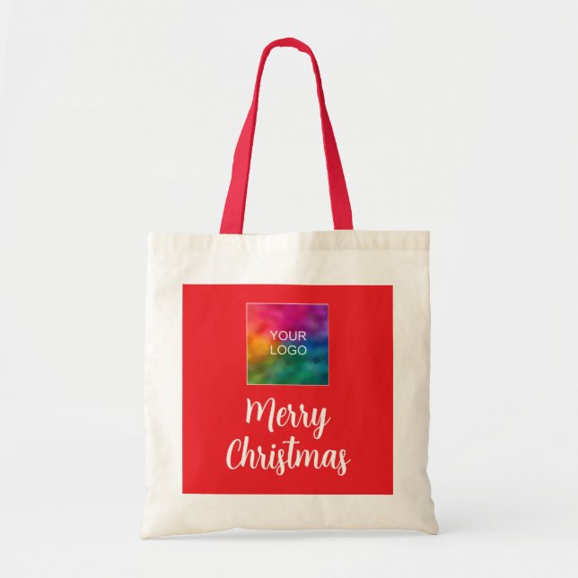 Upload Your Business Logo Merry Christmas Budget Tote Bag (Front)