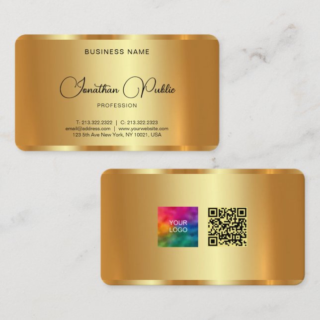 Upload Your Company Logo Custom Text QR Code Gold Business Card (Front/Back)