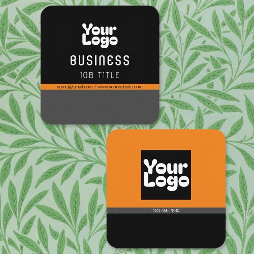 Upload Your Logo  Black Grey  Orange editable Square Business Card