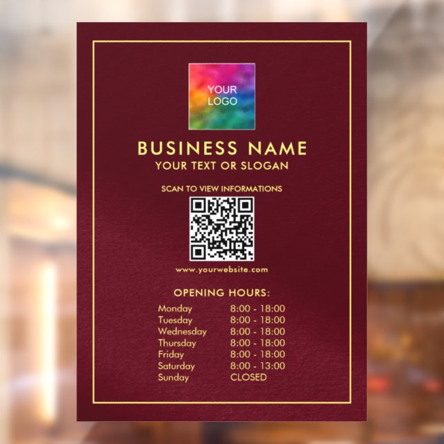 Upload Your Logo QR Code Template Opening Hours  Window Cling (Sheet 2)