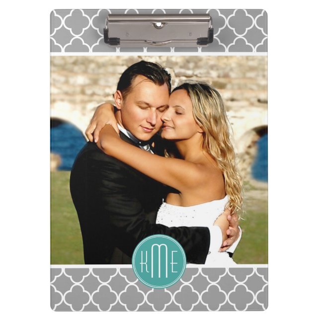 Upload Your Photo - Gray Quatrefoil Mint Monogram Clipboard (Front)