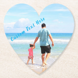 Upload Your Photo Heart Paper Coasters Custom Text