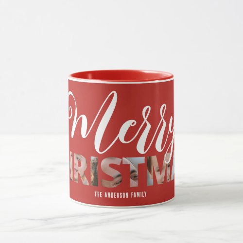 Upload Your Photo in Text Merry Christmas Red Mug