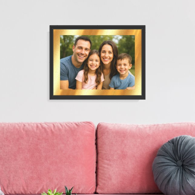 Upload Your Photo on Gold Background Black Framed Canvas Print (Insitu(LivingRoom))