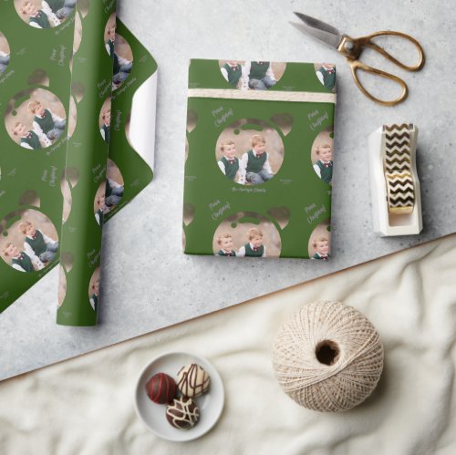 Upload Your Picture into a Christmas Bauble Green Wrapping Paper