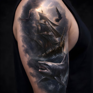 Upper arm or leg shark and boat  temporary tattoos