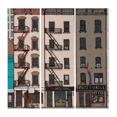 Upper Manhattan New York City USA Whimsical Illust Triptych