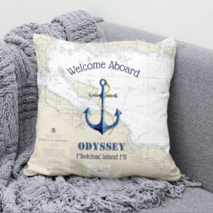 Upper Michigan Boat Name & Anchor Welcome Aboard Outdoor Pillow