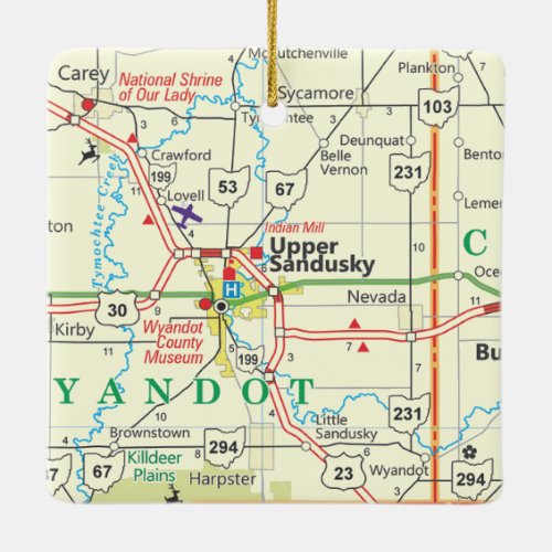 Upper Sandusky OH Map Ceramic Ornament